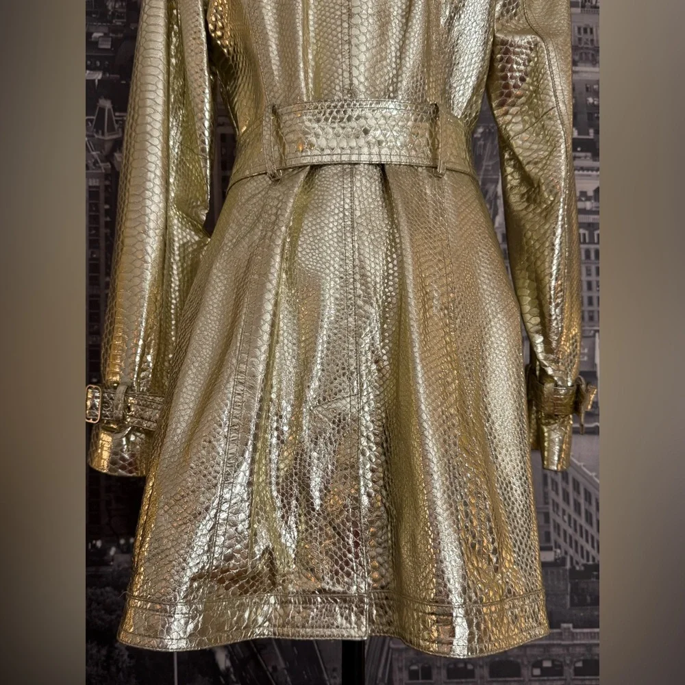 Metallic Gold Snake-Embossed Leather Belted Trench Jacket - Picture 7 of 15